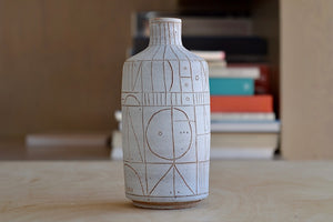
            
                Load image into Gallery viewer, Hand thrown white clay vase 5950 with brown clay sgraffito &amp;quot;Scribe series&amp;quot; by Heather Rosenman.
            
        