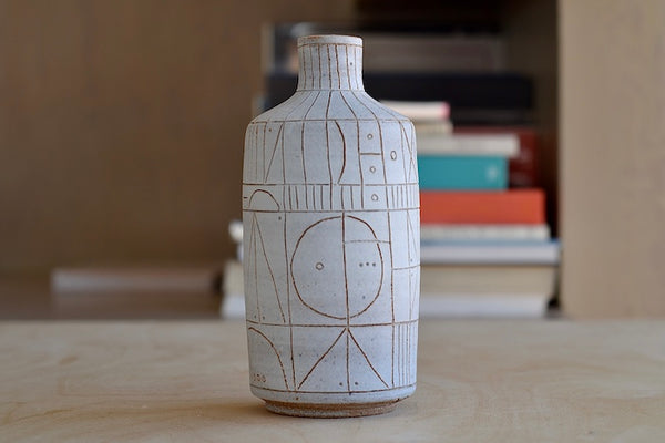 Hand thrown white clay vase 5950 with brown clay sgraffito "Scribe series" by Heather Rosenman.