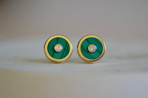 Retrouvai Stud Earrings stone inlay accent diamond 14k yellow gold bezel studs in green Malachite.