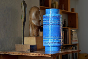 Rimini Blu Plinth vase is Current production of the "Rimini Blu" series. Designed between 1955 and 1965 by by Aldo Londi. This vase is hand made in Italy and one of a kind, made in ceramic earthenware and with a blue glaze.