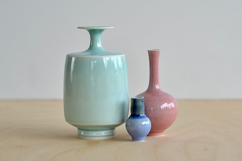 Miniature Hand Thrown Ceramic Vase Trio "C" in Light Blue, Pink and Blue
