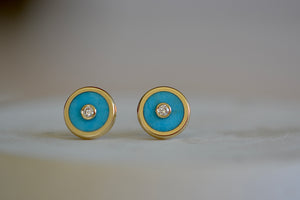 Retrouvai Stud Earrings stone inlay accent diamond 14k yellow gold bezel studs in blue turquoise.