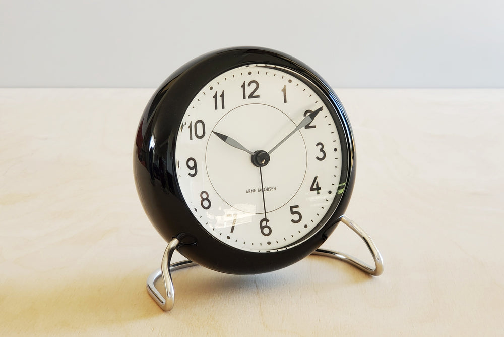 
            
                Load image into Gallery viewer, Classic Arne Jacobsen &amp;quot;AJ&amp;quot; Alarm Clock in black AA batteries not included. 
            
        