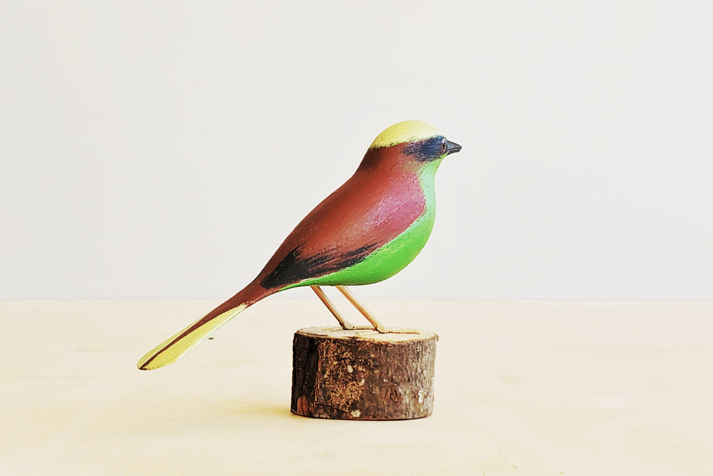 Beautifully fair trade made wooden wood Birds from Brazil, modeled after birds from the region. This artisan makes them from reclaimed wood for decor decoration. Verdinho Costa Marrom 4"h 
