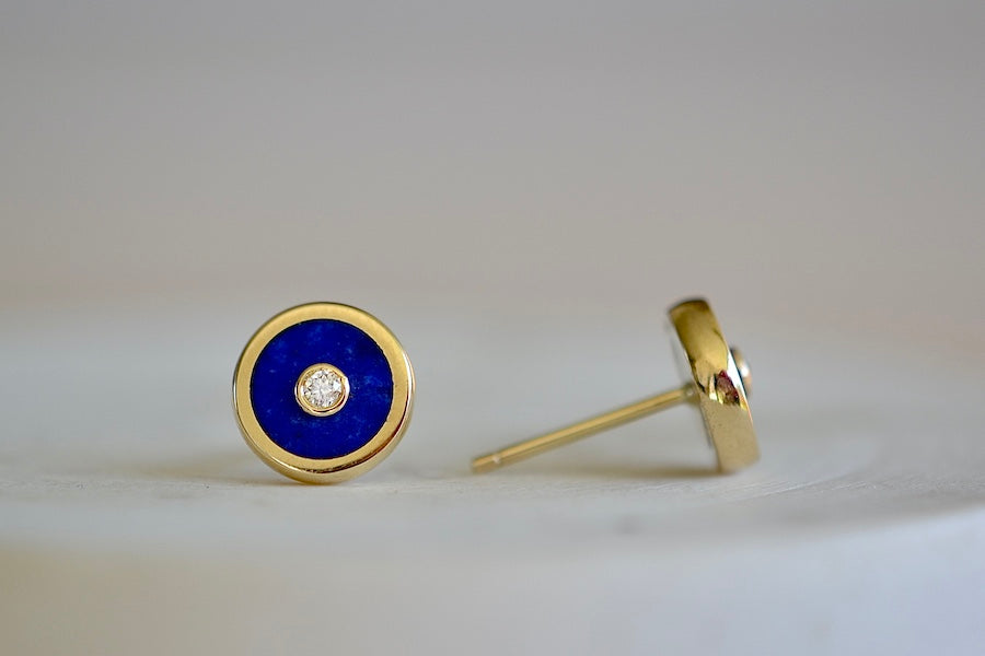 Retrouvai Stud Earrings stone inlay accent diamond 14k yellow gold bezel  studs Blue Lapis.