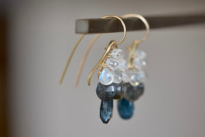 
            
                Load image into Gallery viewer, Side view of  Plume Earrings in Rainbow Moonstone and Orissa Kyanite by Rachel Atherley.
            
        