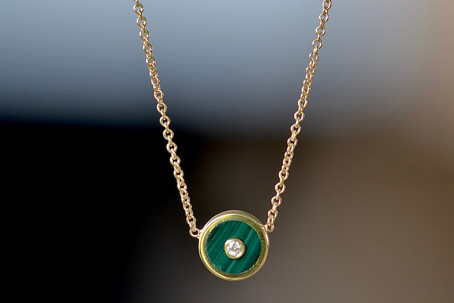 
            
                Load image into Gallery viewer, Mini Compass Pendant Necklace in Green Malachite by Retrouvai with round white diamond accent on 16&amp;quot; 14k yellow gold chain.
            
        