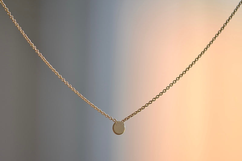 Carla Caruso Not So Itty Dot Necklace 21" chain 14k yellow gold fixed inline flat and hammered. From the back.