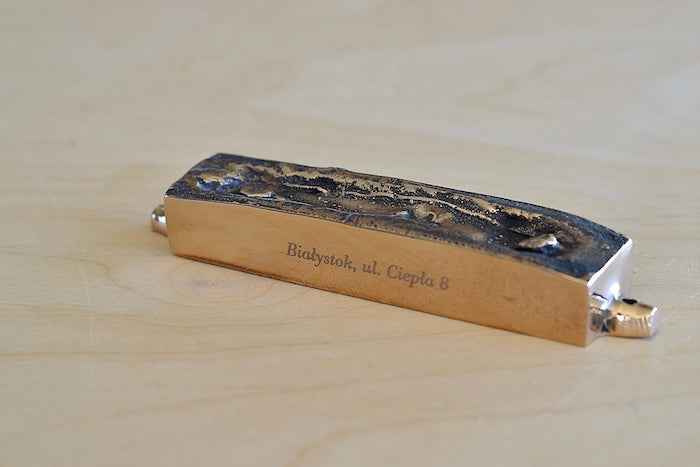 
            
                Load image into Gallery viewer, Cast Bronze &amp;quot;Mezuzah From This Home&amp;quot; Mi Polin Bialystok, ul. ulica Ciepla 8, Poland
            
        