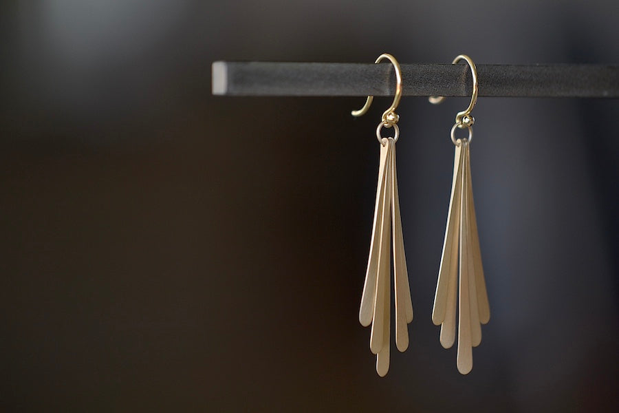 
            
                Load image into Gallery viewer, Carla Caruso Five Fringe Drop earrings in 14k yellow satin matte gold. Everyday Elegance.
            
        