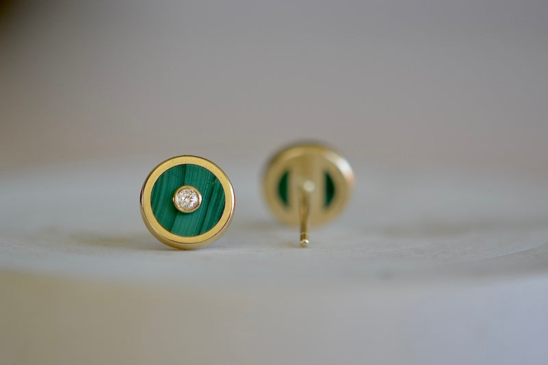 Retrouvai Stud Earrings stone inlay accent diamond 14k yellow gold bezel studs in green Malachite.