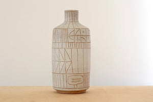 
            
                Load image into Gallery viewer, Hand thrown white clay vase 5950 with brown clay sgraffito &amp;quot;Scribe series&amp;quot; by Heather Rosenman.
            
        