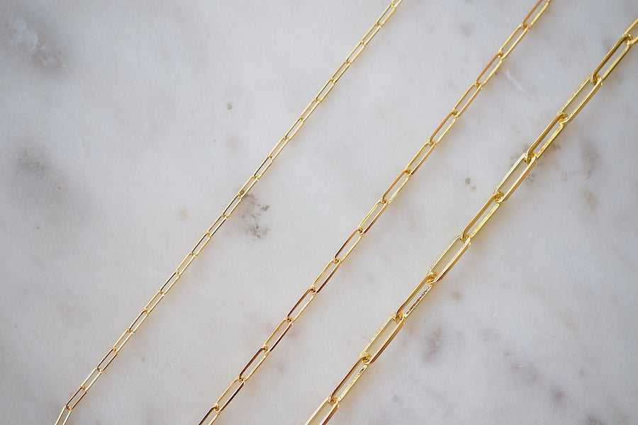 
            
                Load image into Gallery viewer, OK Chain Bar 14k gold 7&amp;quot; paperclip chain bracelets with 5mm, 8mm or 12mm long clips.
            
        