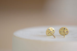 Polly Wales Small Fancy Celeste Disc Stud Earrings in Serpentine are classic, 18k recycled yellow gold disc earrings with pink, purple, blue and black sapphires, cast not set, cast in place and made in Los Angeles.