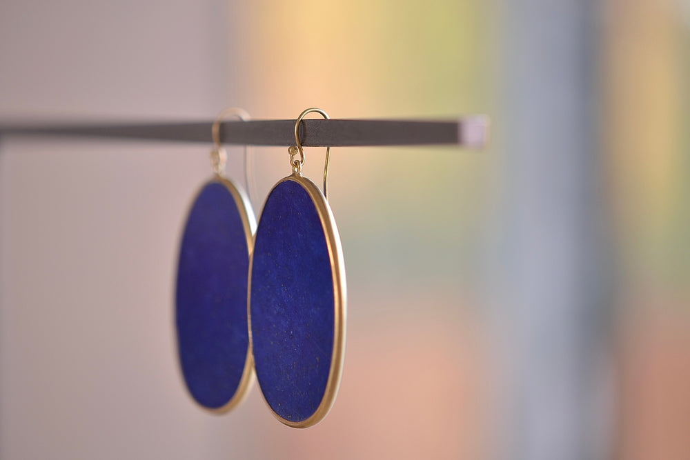 Tej Kothari Large Lapis Slice Earrings 18k yellow gold bezel setting with ear wire and natural inclusions. One of a kind. XL