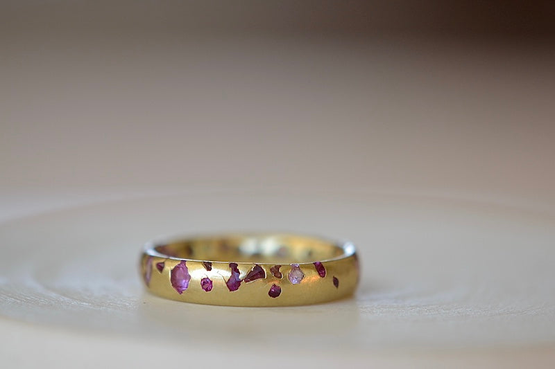 Another vantage point of Pink Sapphire Confetti Band Ring by Polly Wales in size 6. Cast not set. 