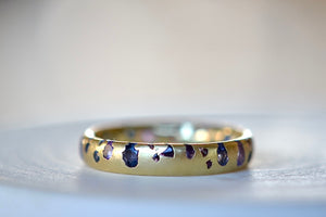 
            
                Load image into Gallery viewer, Alternate view of the Purple and Blue Sapphire Band Ring by Polly Wales is a narrow 18k yellow gold band with speckled purple, pink, blue to navy and black sapphires around the circumference for a beautiful confetti-like appearance. Recycled gold. Cast not set. Size 7.
            
        