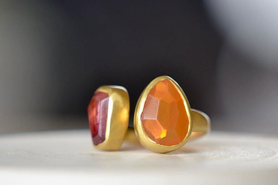 
            
                Load image into Gallery viewer, Close up of Fire Opal on Pink Tourmaline and Fire Opal New Day Two Stones Ring by Pippa Small .
            
        