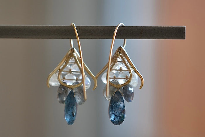
            
                Load image into Gallery viewer, Back view of  Plume Earrings in Rainbow Moonstone and Orissa Kyanite by Rachel Atherley.
            
        