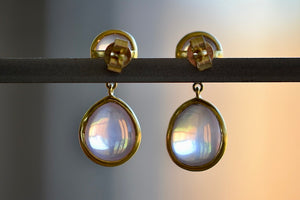 
            
                Load image into Gallery viewer, Double Drop Rose Quartz Stud Earrings by Pippa Small are two drop (drops)  stud earrings made out of two round, translucent, smooth and bezel set rose quartz drops connected with gold hooks and butterfly closure in 18k yellow gold.
            
        