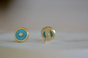 Retrouvai Stud Earrings stone inlay accent diamond 14k yellow gold bezel studs in blue turquoise.
