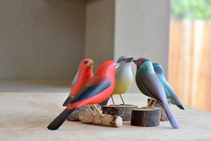 Five more colorful birds in wood from Brazil. Handmade and fair trade.