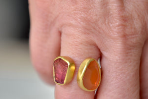 
            
                Load image into Gallery viewer, Wearing Pink Tourmaline and Fire Opal New Day Two Stones Ring by Pippa Small . 
            
        