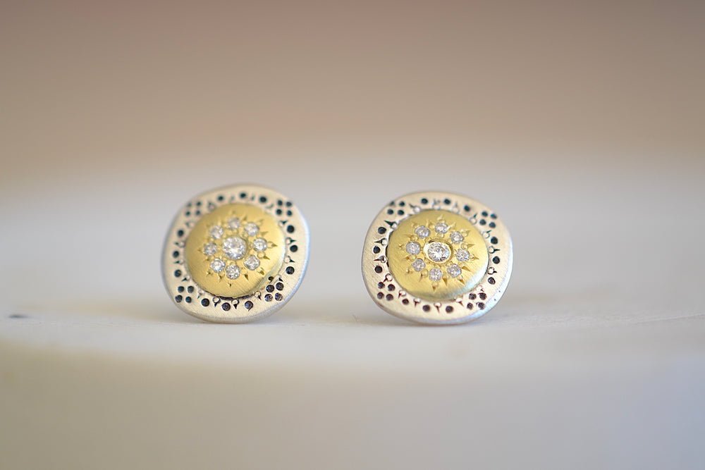 Adel Chefridi Seeds of Harmony Charm Studs Earrings 18k yellow gold, Sterling Silver and diamonds