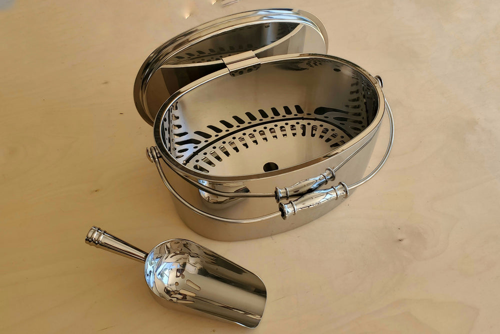 Crafthouse Ice Bucket in stainless steel with ice scoop.