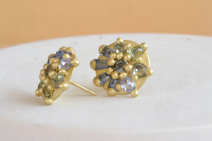 
            
                Load image into Gallery viewer, Polly Wales Lyra Dome Stud Earrings Blue Aqua 18k yellow recycled gold stud studs
            
        