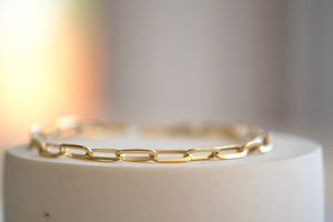 Lizzie Mandler Knife Edge Oval Link Chain Bracelet in 18k yellow gold with 20 clips at 7mm and toggle closure. 