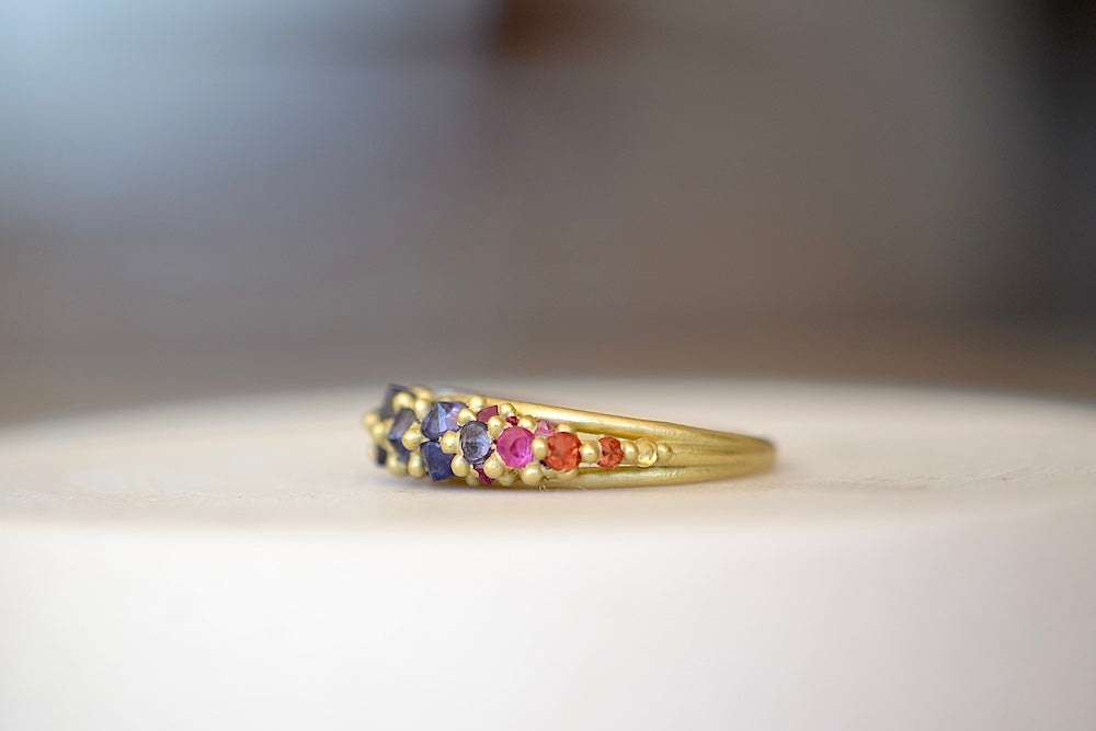 Polly Wales Galaxy Ring in Supernova pink red orange purple lilac sapphire sapphires 18k yellow recycled gold size 6.5