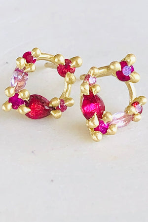 Polly Wales Des Goutes de Rosee Stud Earrings studs in China Rose 18k Yellow Recycled Gold Pink red rubies pink white sapphires 