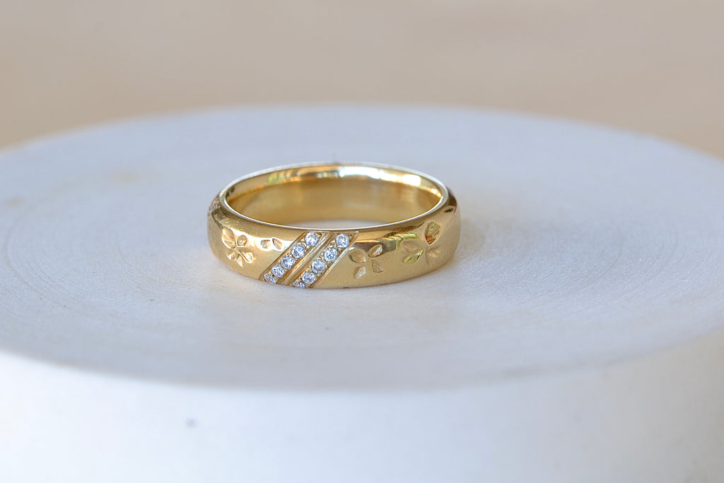 Striped Petal Print Band in 18k yellow gold with Canadian diamonds by Kaylin Hertel.