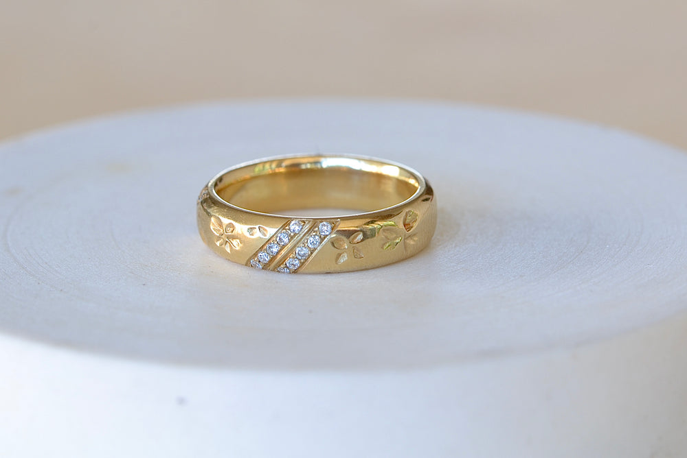 Striped Petal Print Band in 18k yellow gold with Canadian diamonds by Kaylin Hertel.