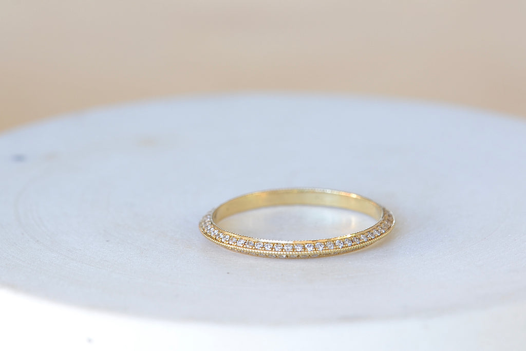 Lizzie Mandler Pave Petite Knife Edge Band with white diamondson top and bottom in 18k yellow gold. Perfect wedding or engagement ring with knife edge.
