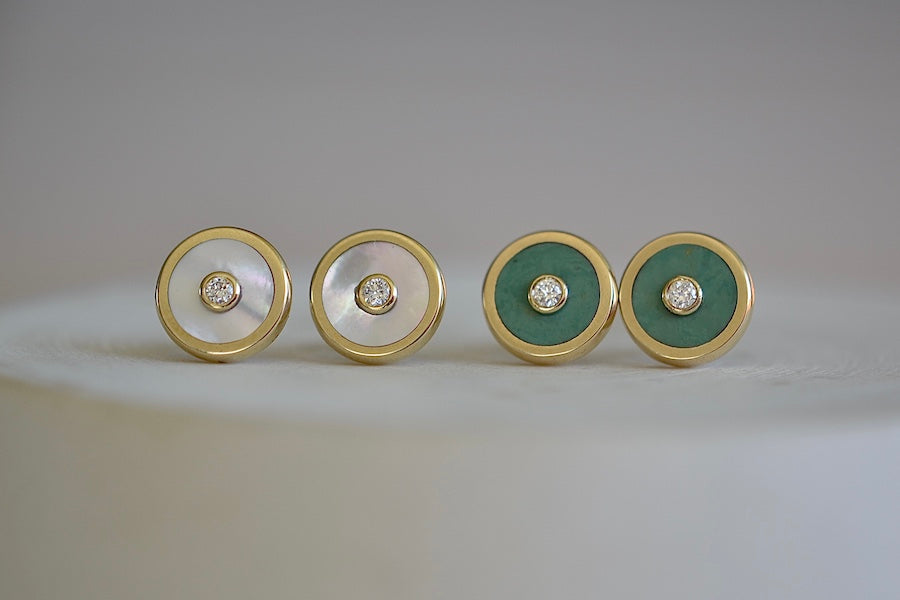 Retrouvai Stud Earrings stone inlay accent diamond 14k yellow gold bezel studs in green turquoise and white Mother of pearl..