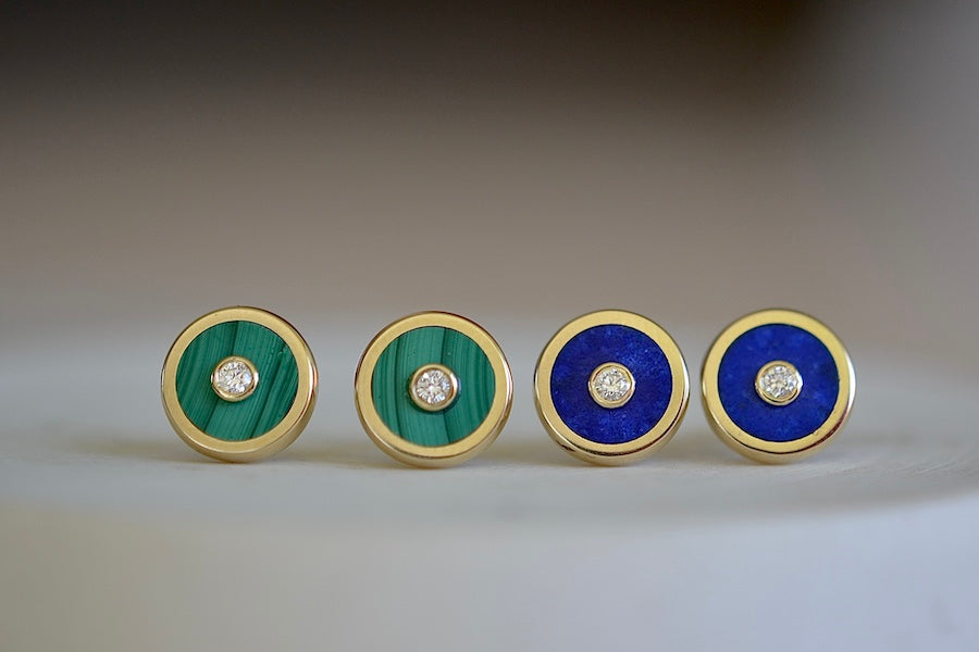 Retrouvai Stud Earrings stone inlay accent diamond 14k yellow gold bezel studs in green malachite and blue lapiz lazuli.