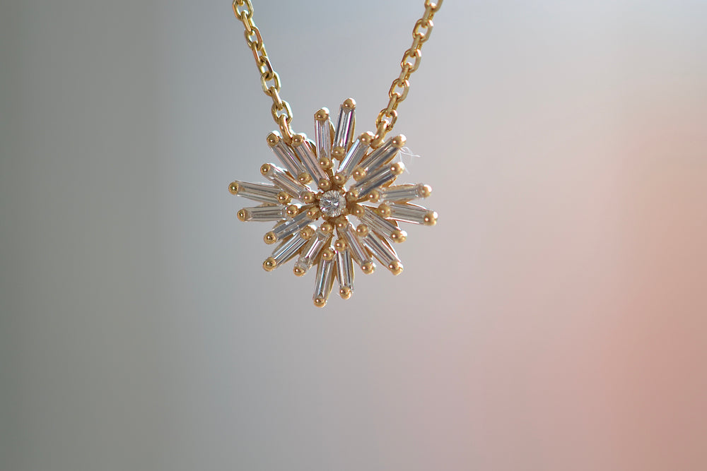 Suzanne Kalan Champagne Baguette White Diamond Mini Star Pendant Necklace 18k Yellow Gold