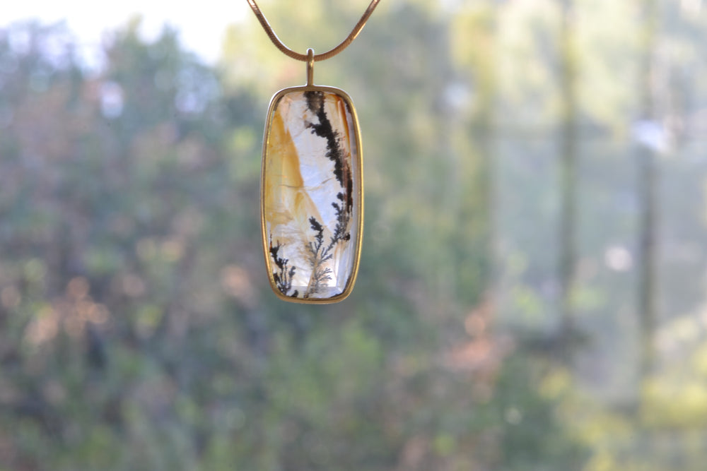 
            
                Load image into Gallery viewer, OK Rectangular Dendritic Agate Pendant 18k yellow gold bezel
            
        