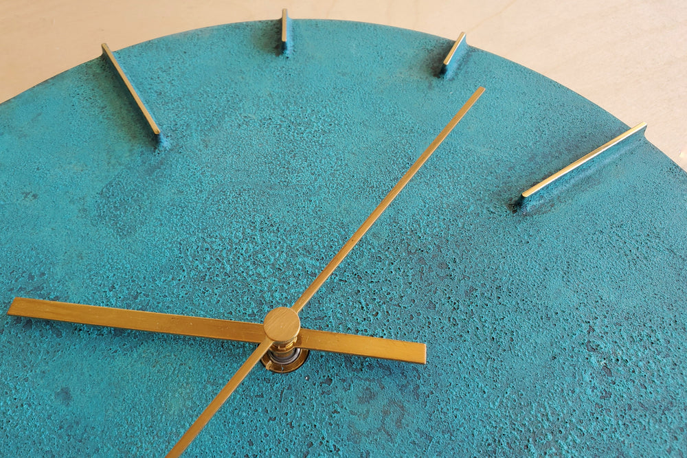 Close up of Japanese Cast Brass Clock "Quaint" Verdigris Finish.