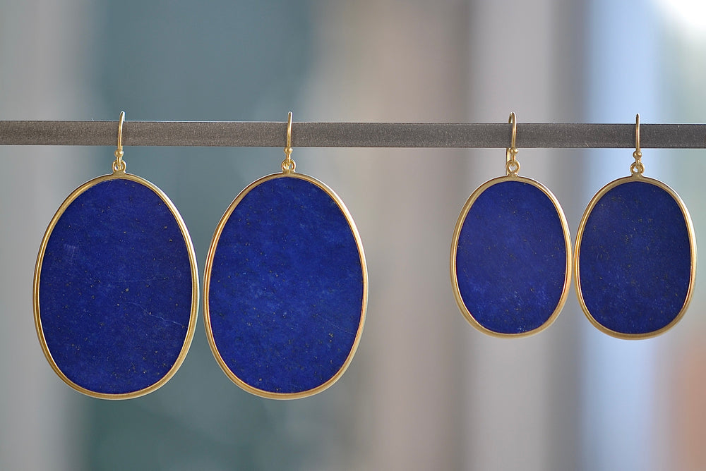 Tej Kothari Large and XL small Lapis Slice Earrings 18k yellow gold bezel setting with ear wire and natural inclusions. One of a kind.