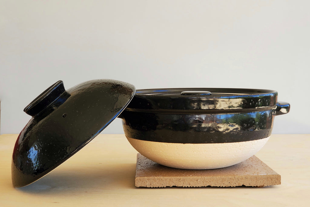 Donabe with lid on side. Made in Japan.