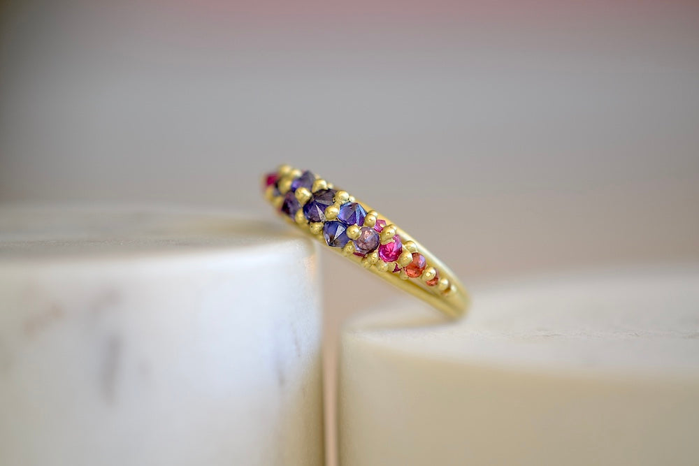 Polly Wales Galaxy Ring in Supernova pink red orange purple lilac sapphire sapphires 18k yellow recycled gold size 6.5