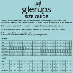 
            
                Load image into Gallery viewer, Size chart for Glerups slippers.
            
        