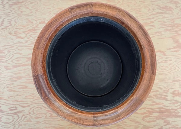 Inside of Rare and Vintage Henning Koppel Teak Ice Bucket. Georg Jensen, Made in Denmark.