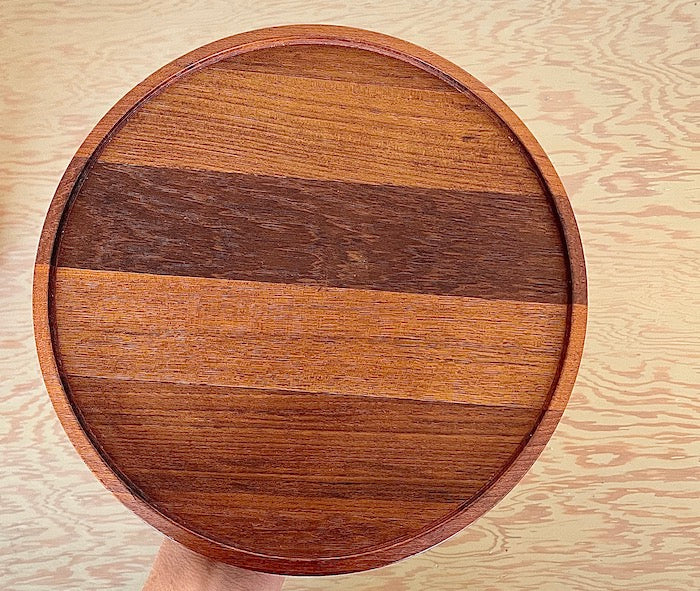 Inside of lid on Vintage Dansk Staved Teak Ice Bucket By Jense Quistgaard.